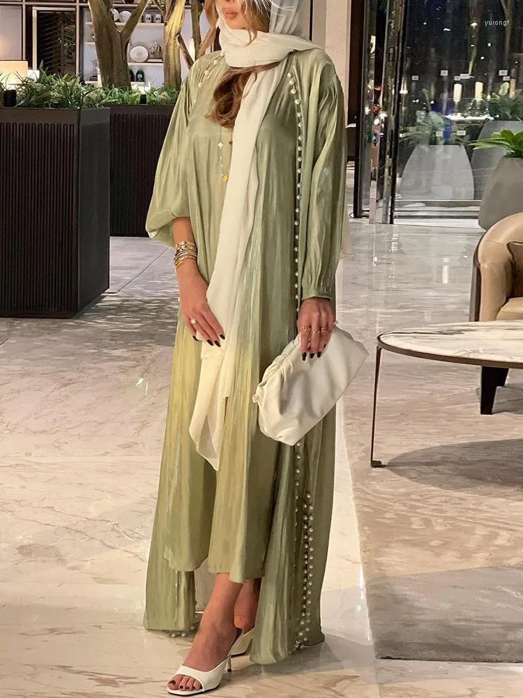Odzież etniczna maroko muzułmanin Abaya dla kobiet sukienka 2 częściowy zestaw Abayas suknia dubaj arabski jedwab satynowy kardigan kimono szata skromny islamski
