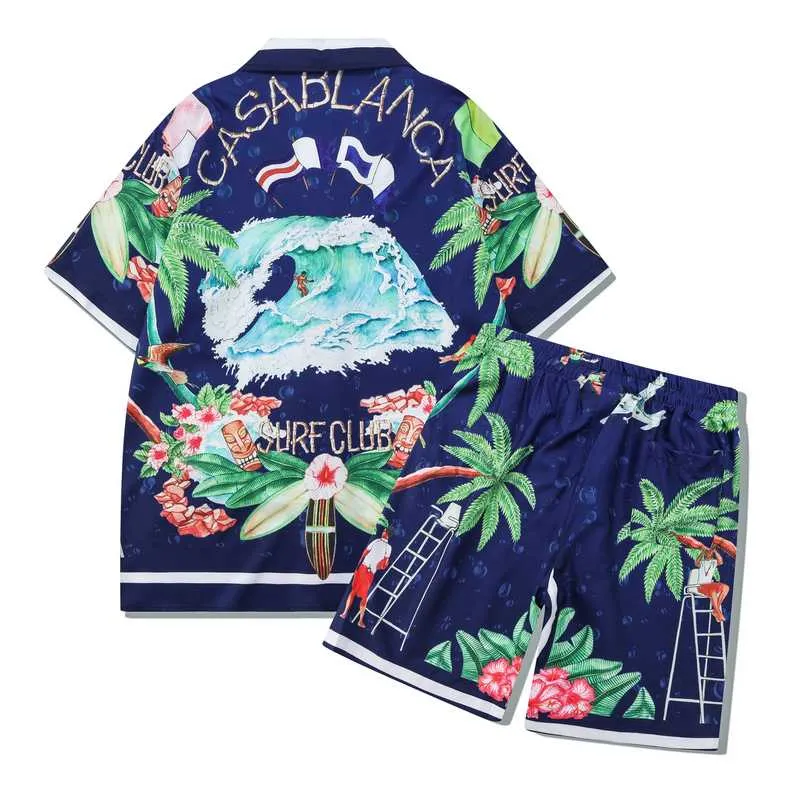 Casa Blanca Designer T Shirt Casa Blanca Man Men's Tracksuits Mens Hawaiian Beach Set Vacation Shirts Casablanc Shirt Color Blocking Printed Shorts S 439