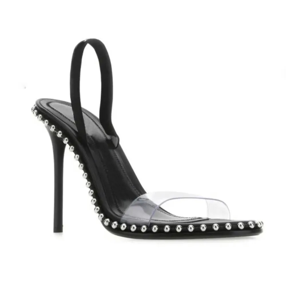 100mm metal boncuklar süslenmiş stiletto yüksek topuklu sandalet terlikleri kadınlar için gökyüzü yüksek topuk yaz düğün lüks tasarımcı ayakkabılar boncuk kayış parti topuklu