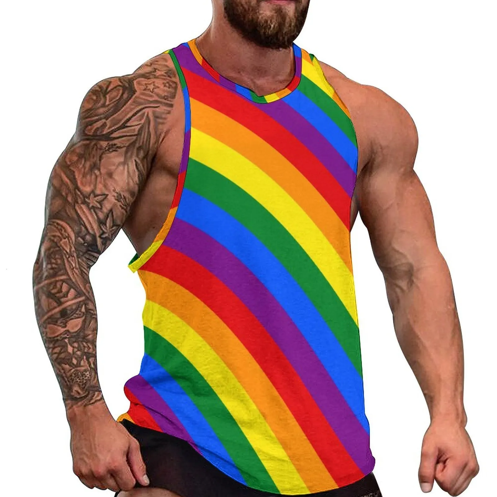 メンズタンクトップ LGBT レインボータンクトップ男性ゲイプライド旗クールトップス夏のジムパターンノースリーブベスト 3XL 4XL 5XL 230706