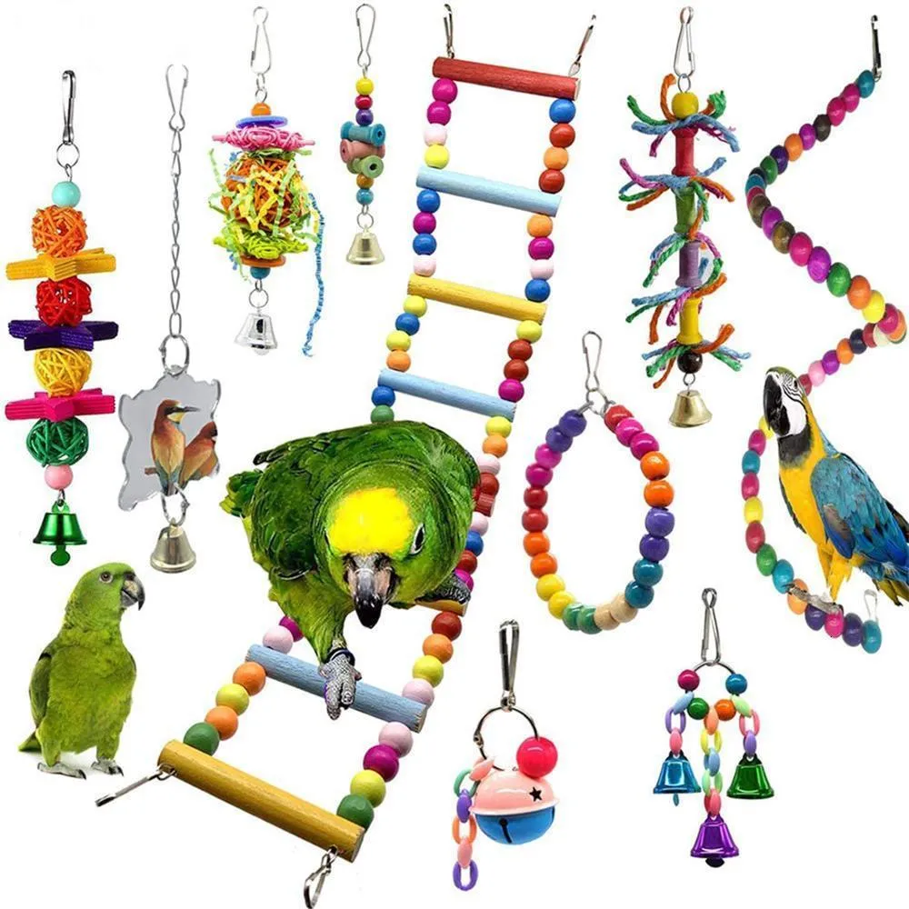 Other Bird Supplies 10 Packs Swing Chewing Toys Parrot Hammock Bell Cage Toy Perch with Wood Beads Hanging for Small Parakeets 230706