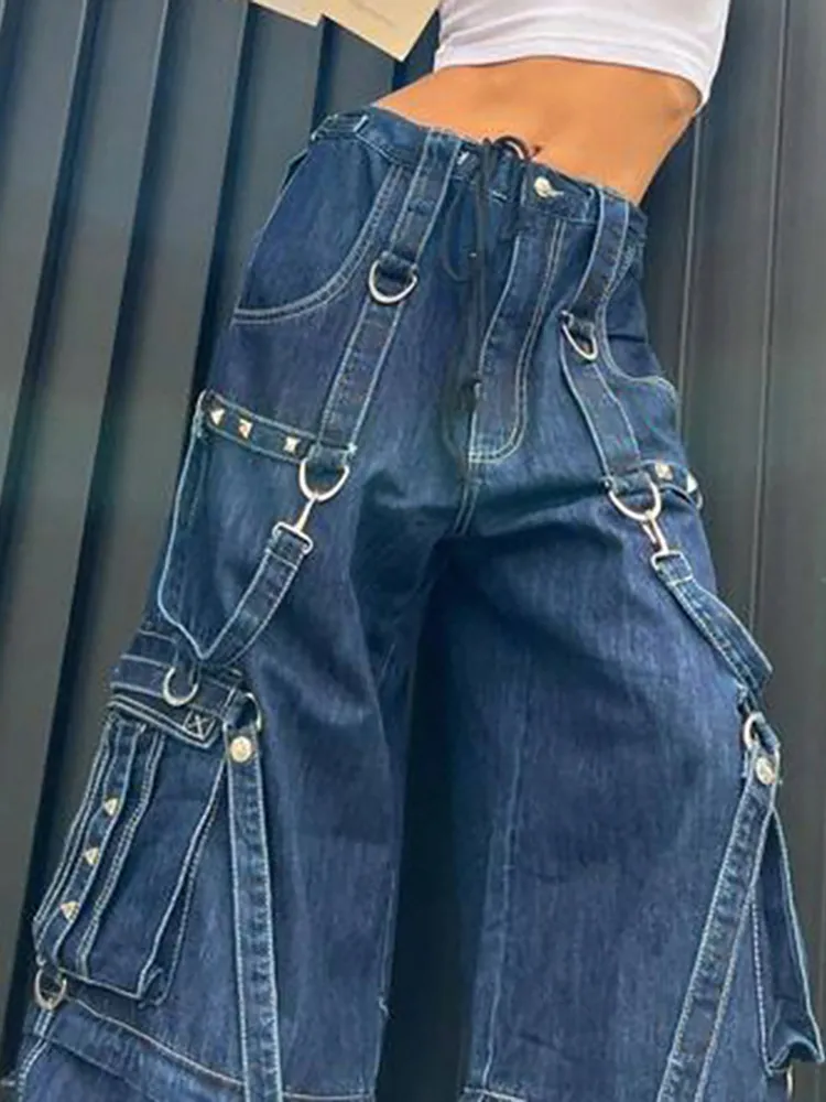 Cyber Y2k Punk High Waist Denim baggy pants with Wide Leg Cyber Y2k Punk High Waist Denim baggy pants with Wide Leg