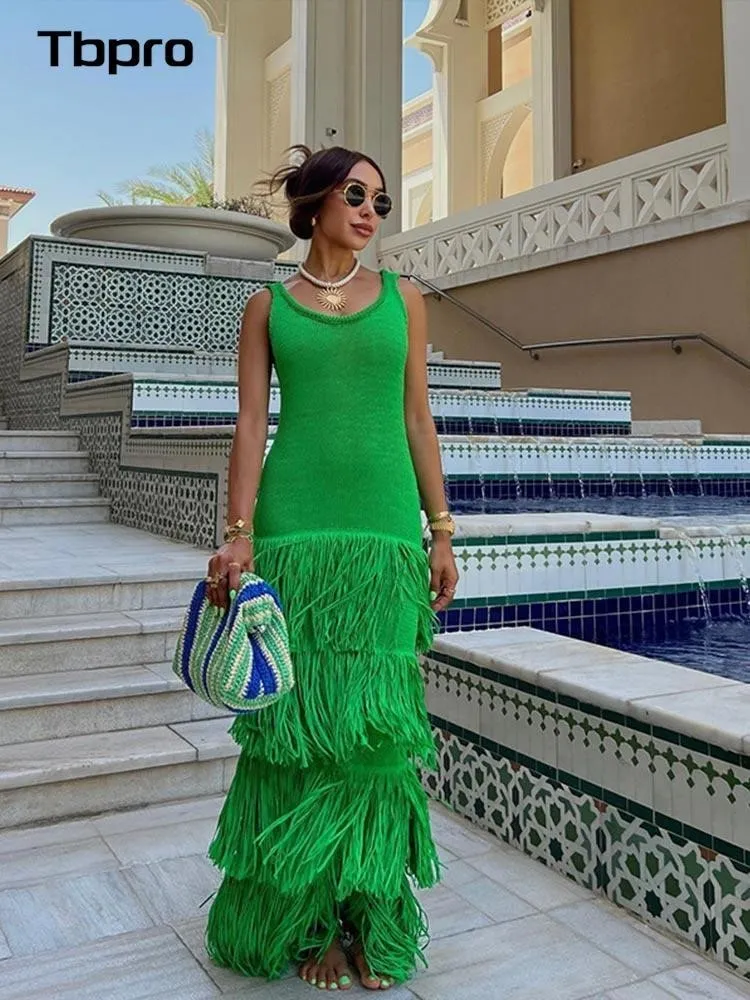 Sexy backless sleeveless tassel maxi cheap dress