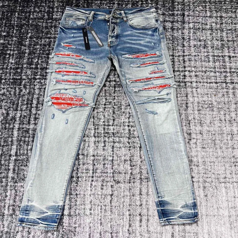 FALECTION MENS 22ss röd bandana JEANS PATCH BRODERAD RIPPED byxor motocycle rockstar jean240l