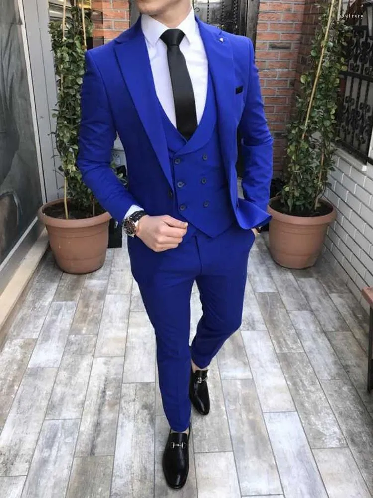 Ternos masculinos feitos sob medida para homens, azul real, smoking, lapela, padrinhos de casamento, homem, 3 peças (jaqueta, calça, colete, gravata) C885