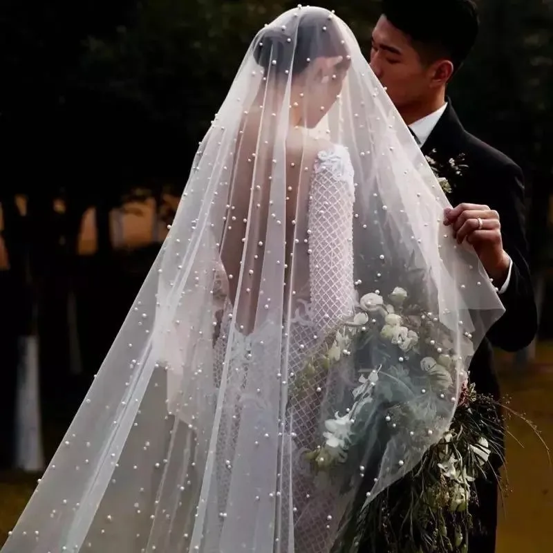 Pearl Veil with Blusher 2 tiers Bridal Veil Cathedral Ivory Veil with Pearls