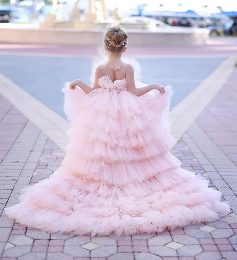 childrens pink prom dresses Lovely Pink High Low Girls Pageant Dresses O Neck Ruffles Tiere Kids Prom Party Gown Black Bow Tie Belt Layered Kids Celebrity Dress