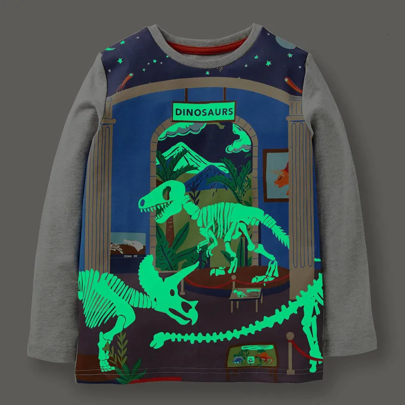 T-shirts Little maven Baby Boys T-shirt de mangas compridas Luminous Cotton Cartoon Dinosaur Shirt Fashion Tops for Kids 2-7 year 230707