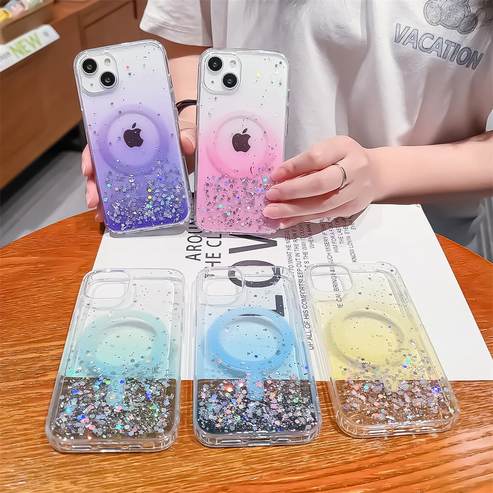 Luxe Gradient Bling Glitter Epoxy Cases Starry Sky Star Twinkle Stardust Magnetic Pour Magsafe Wireless Charging Cover pour iPhone 14 13 12 11 Pro Max X XR XS 8 7 Plus