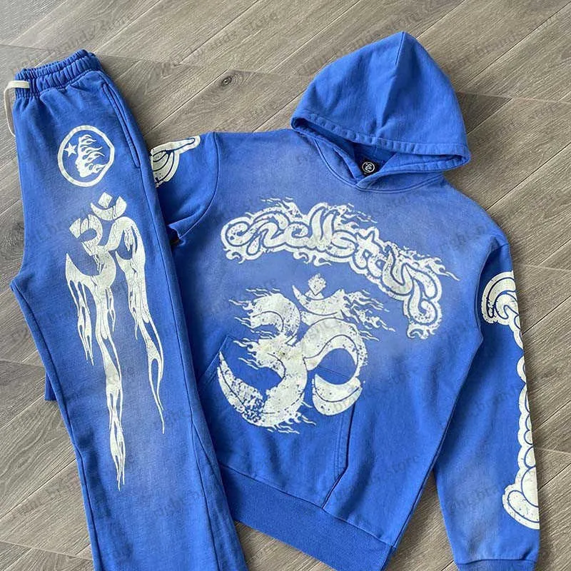 Men's Tracksuits 2023 Hellstar Retro Wash Set Printing 1 1 High Street Men's and Women's Blue Disual Hoodie and Pants Set T230707