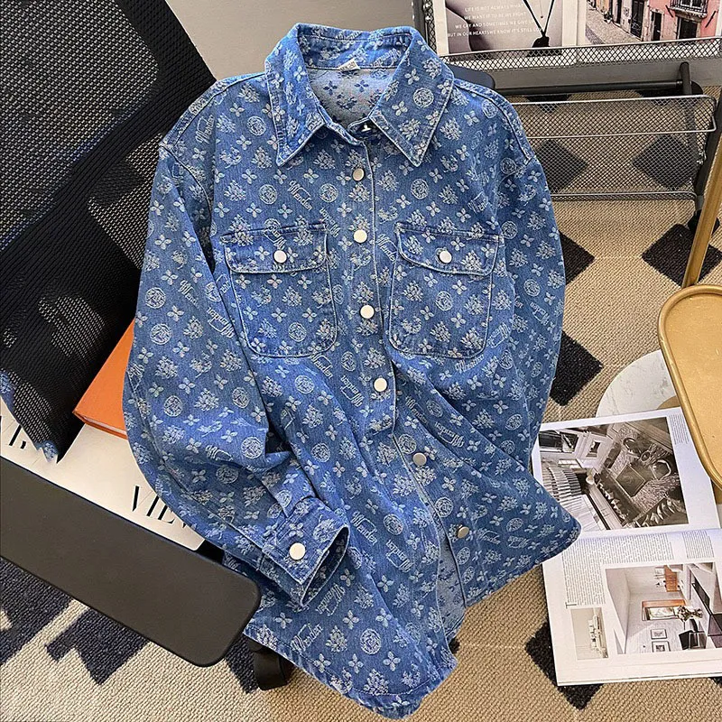 Jassen Sandro denim shirt jacquard print voor dames jack met lange mouwen los