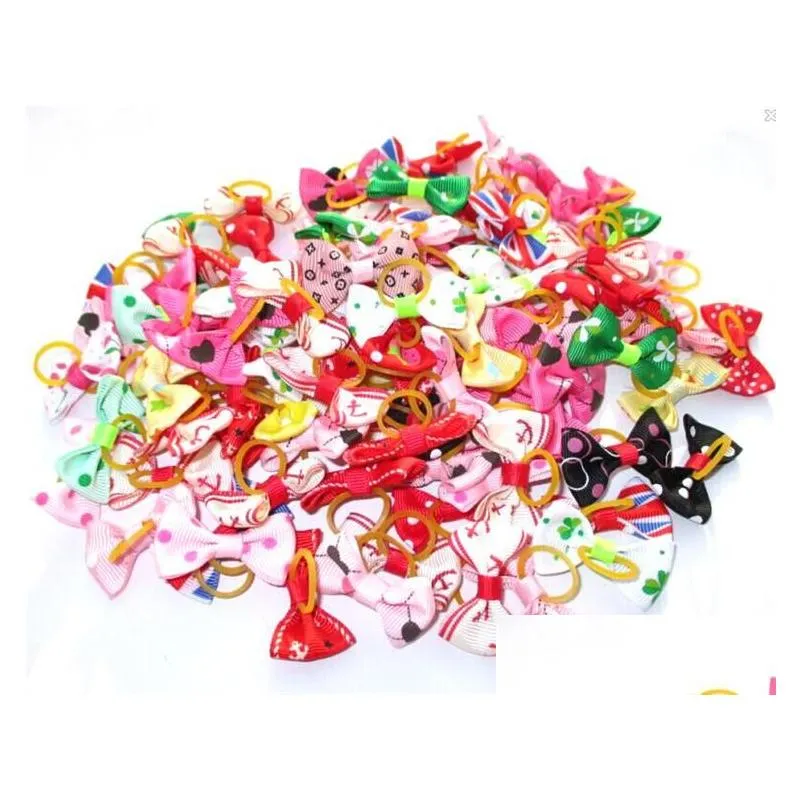 Dog Apparel Handmade Pets Grooming Hair Accessories 300Pcs/Lot Mixed Ribbon Pet Bow Rubber Bands Bows Dogs Hairs Ornaments 2170 Drop Dhdwc