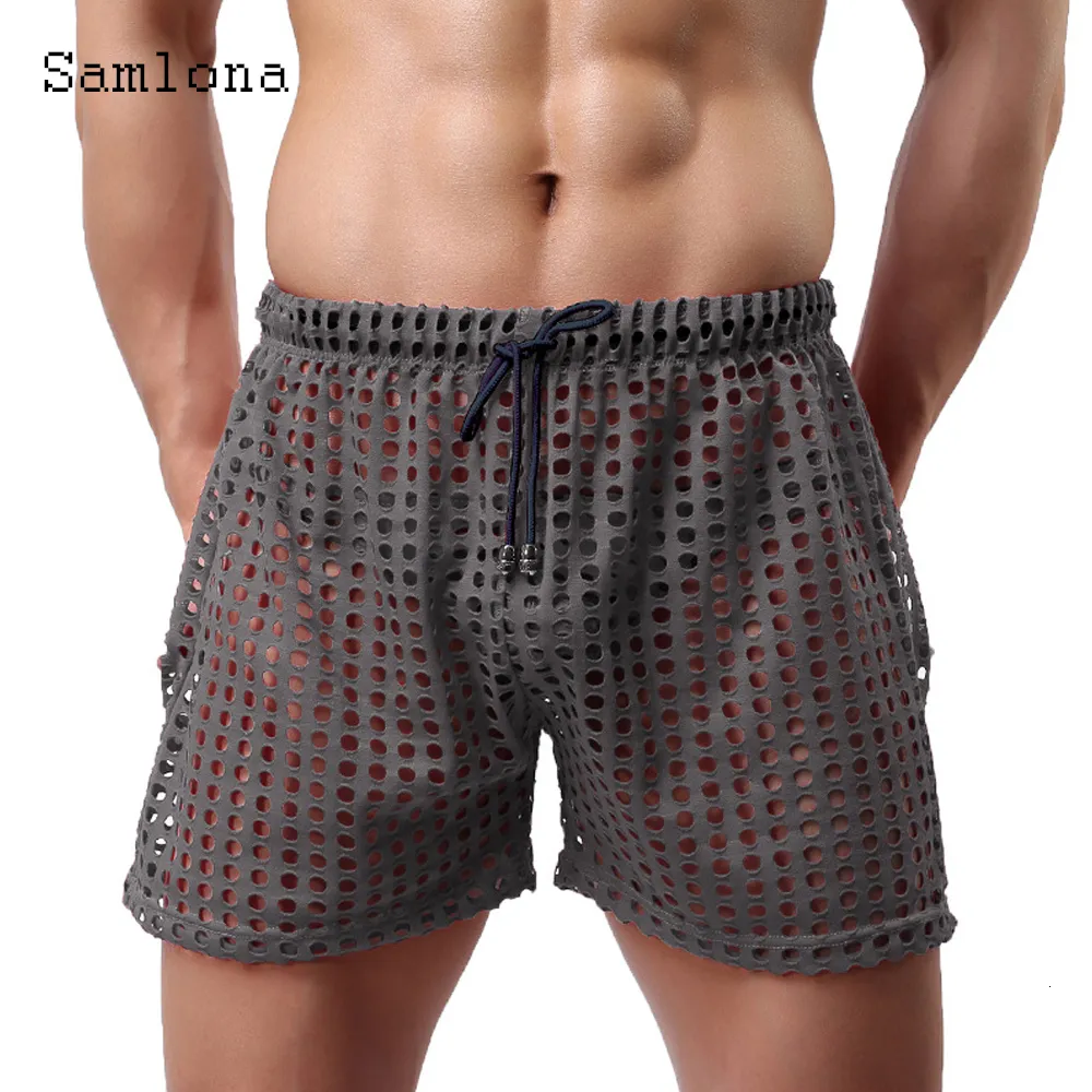 Men s Shorts Sexy Hollow Out European Style Casual Beach Short Cross pant Black Men See Through Fetish Loose Drawstring pants 230707