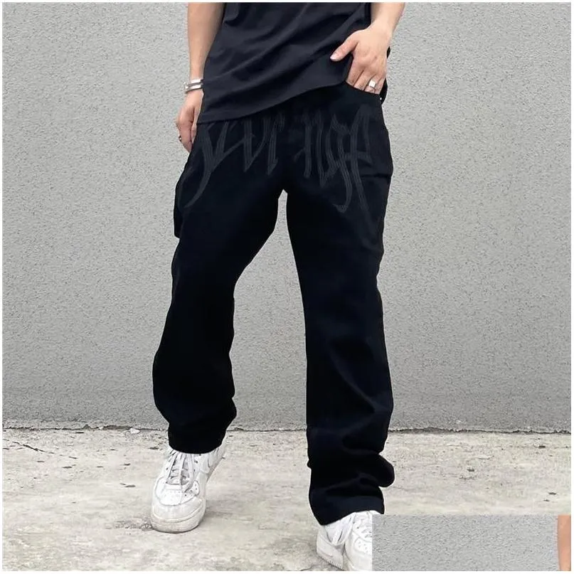 Мужская джинсовая одежда мужская одежда черная модная вышивка уличной одежды с низкой растущей джинсовой джинсовой джинсовой