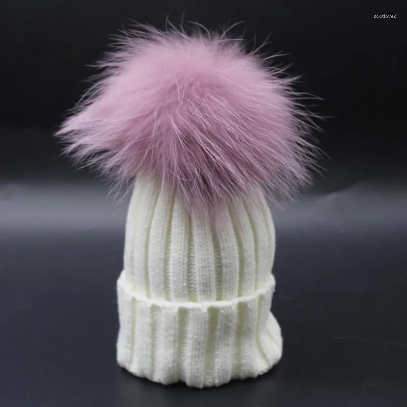 Berretti Kids Colorful Pom Super Big Berretti per bambini Cappello bianco lavorato a maglia in vera pelliccia di procione