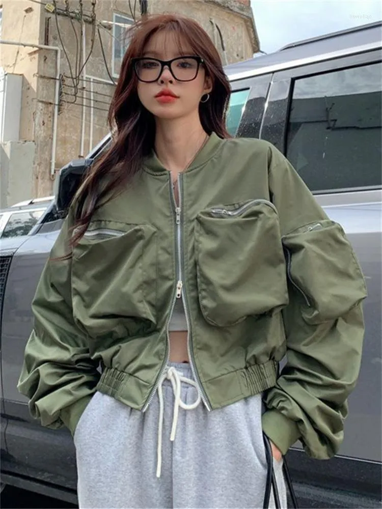 Vrouwen Jassen QWEEK Koreaanse Stijl Bomber Vrouwen Streetwear Vintage Groene Zip Up Bovenkleding Vrouwelijke Hip Hop Harajuku Retro Zwarte crop Top