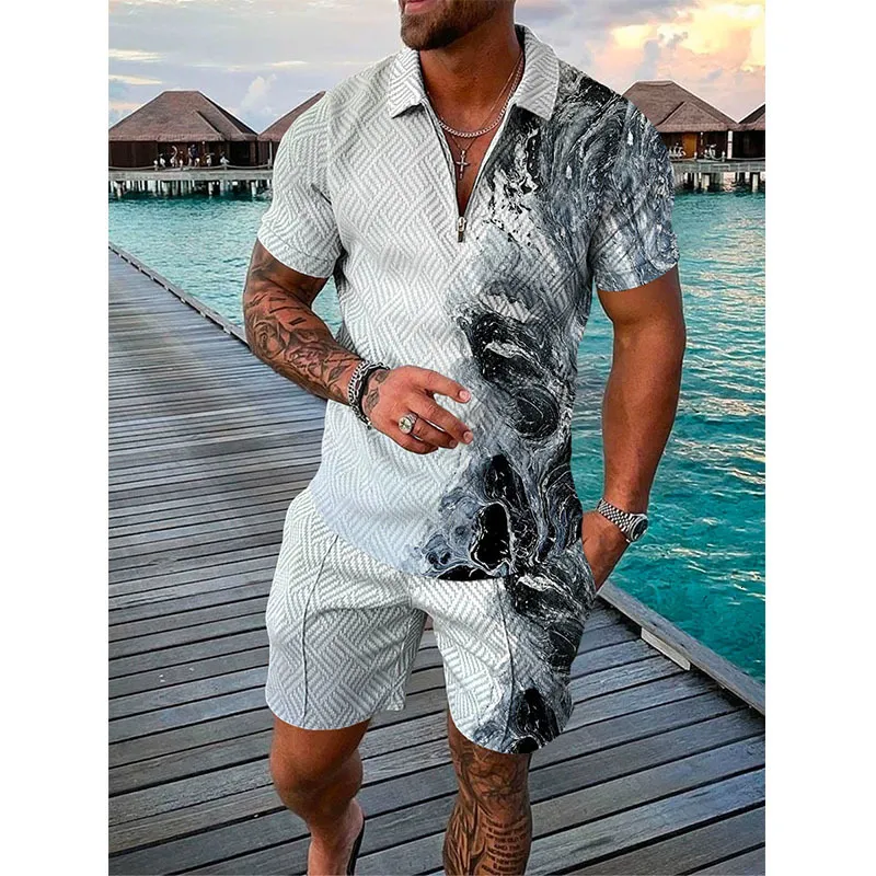 Mens Tracksuits The Waves Tracksuit 3D Print Polo Shirts Shorts Sets 2 Pieces Oversized Short Sleeve Shirt Pants Set Suits Man Clothing 230707