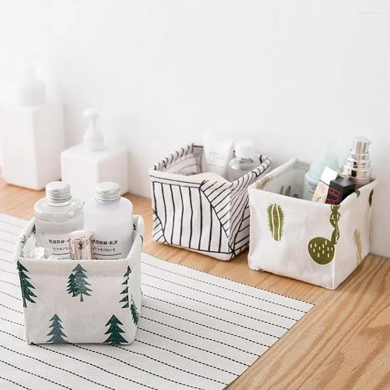 Storage Boxes Foldable Sundries Basket Cute Printing Cosmetics Container Multifunction Cotton Linen Desktop Organizer