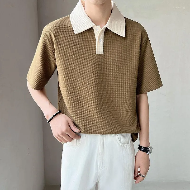 T-shirts pour hommes Bouton d'été Respirant Manches courtes Gaufre Élasticité Turn-down Loose T-Shirt Patchwork Korean Business POLO Oversize Shirt