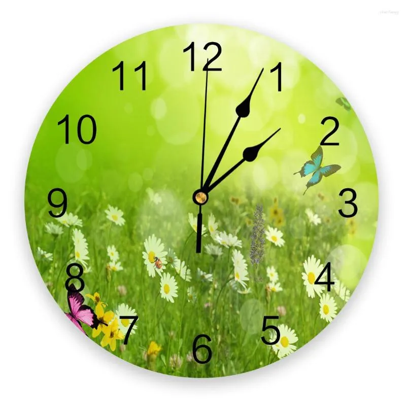 Wanduhren, Schmetterling, grüne Pflanze, Sonnenblume, dekorative runde Uhr, individuelles Design, nicht tickend, leise, Schlafzimmer, groß