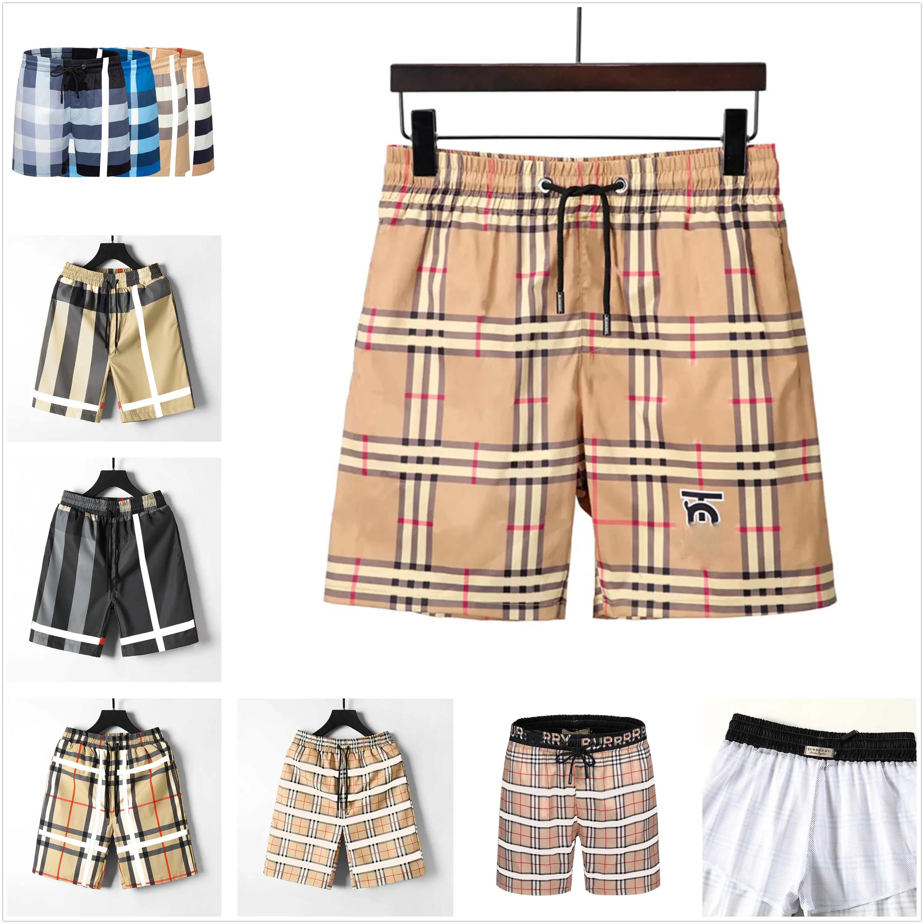 Men's shorts black and yellow plaid stripe brand beach swimming trunks classic multiple styles pure cotton breathable wrinkle2993