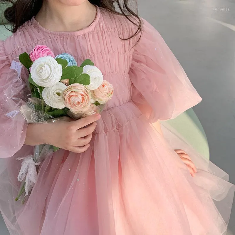 Girl Dresses Flower Elegant Princess Korean Version Fashion All match Bling 2023 Spring Summer Short Sleeve Kids Clothes