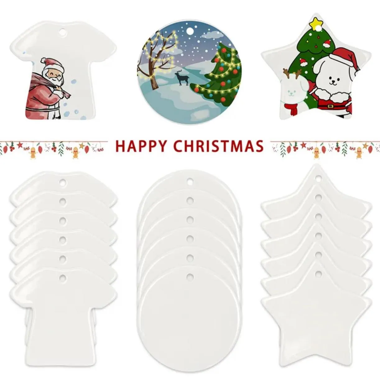 DHL Sublimatie Blanks Keramische Hanger Feestelijke Feestartikelen Kerstversiering 3 Inch Warmteoverdracht Afdrukken Keramiek Ornament 0708