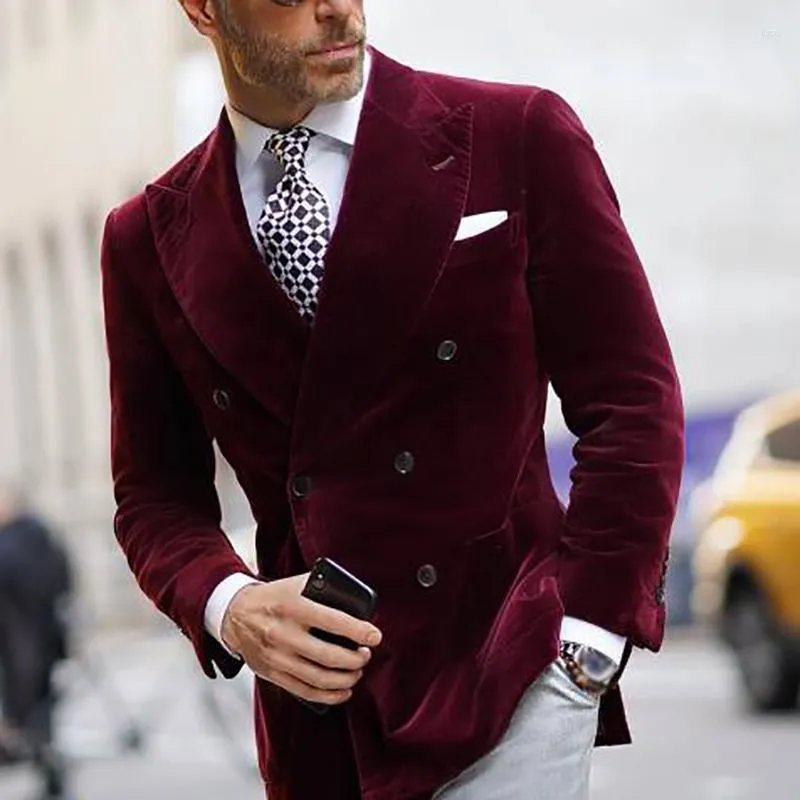 Ternos masculinos 1 peça veludo bordeaux vestido de noivo fino ajuste duplo busto lapela pontiaguda masculino negócios formal baile smoking masculino terno blazer