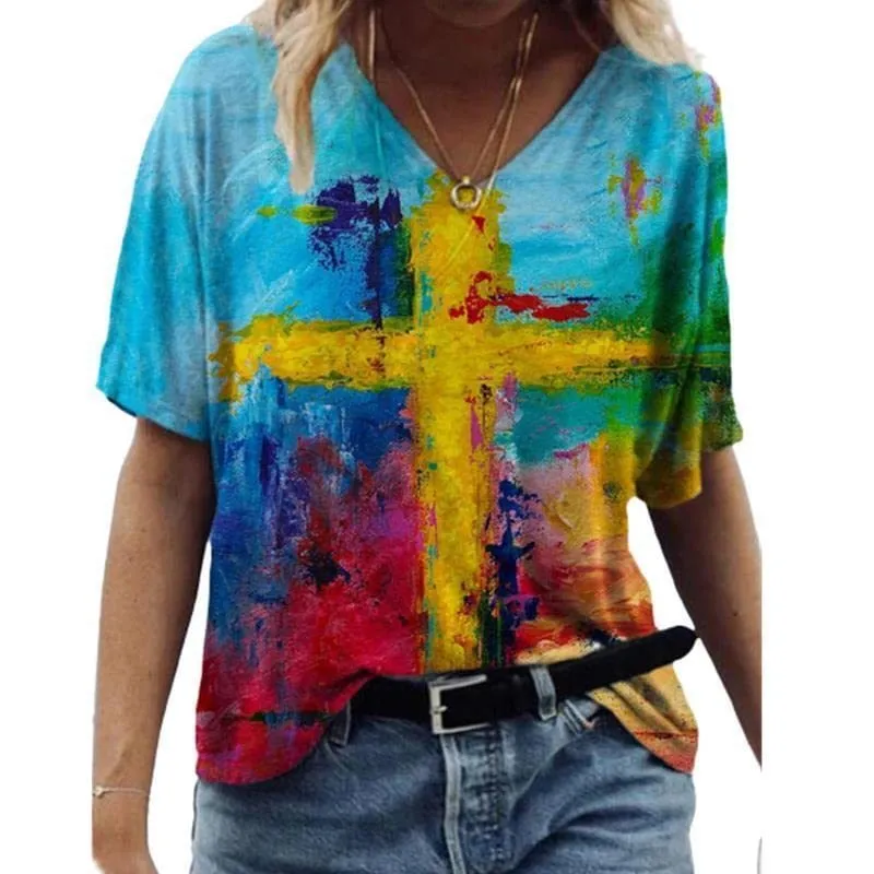 Womens TShirt Vrouwen V-hals T-shirt Graffiti Jesus Grafische Korte Mouw Tops Zomer Mode Casual Harajuku Oversized T-shirts Vrouwelijke Kleding 230707