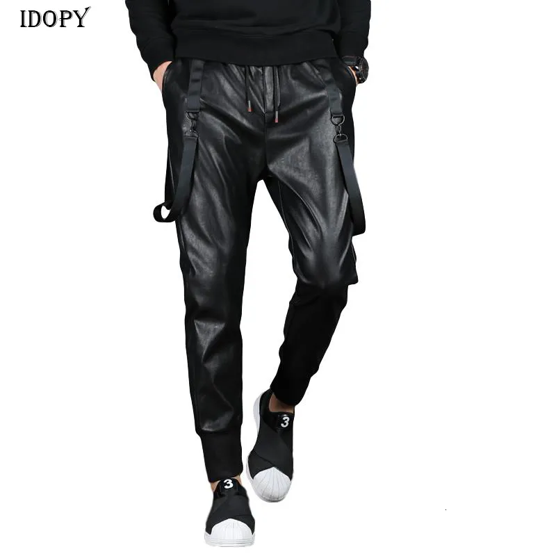 Men's Pants Idopy Men's Street Faux Leather Joggers Harem Hip Hop Ankle Cuffed Elastic Waist Drawstring PU Joggings Trousers For Male 230707