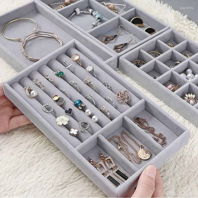 Jewelry Pouches Stackable Grid Design Storage Box Velvet Display Tray Portable Organizer Ring Women Rectangular Drawer Plate