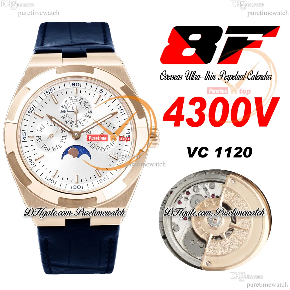 8F Overseas Perpetual Calendar Moonphase 4300V A1120 automatisch herenhorloge Rose Godl zilveren stick wijzerplaat blauwe lederen band Super versie editie Puretime F6