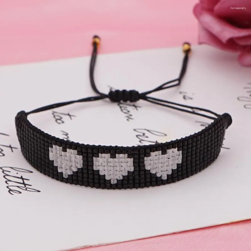 Pulseras de eslabones Go2boho Miyuki Pulsera con cuentas Joyería Boho 3 Corazón de melocotón Negro Cuentas trenzadas hechas a mano para mujeres