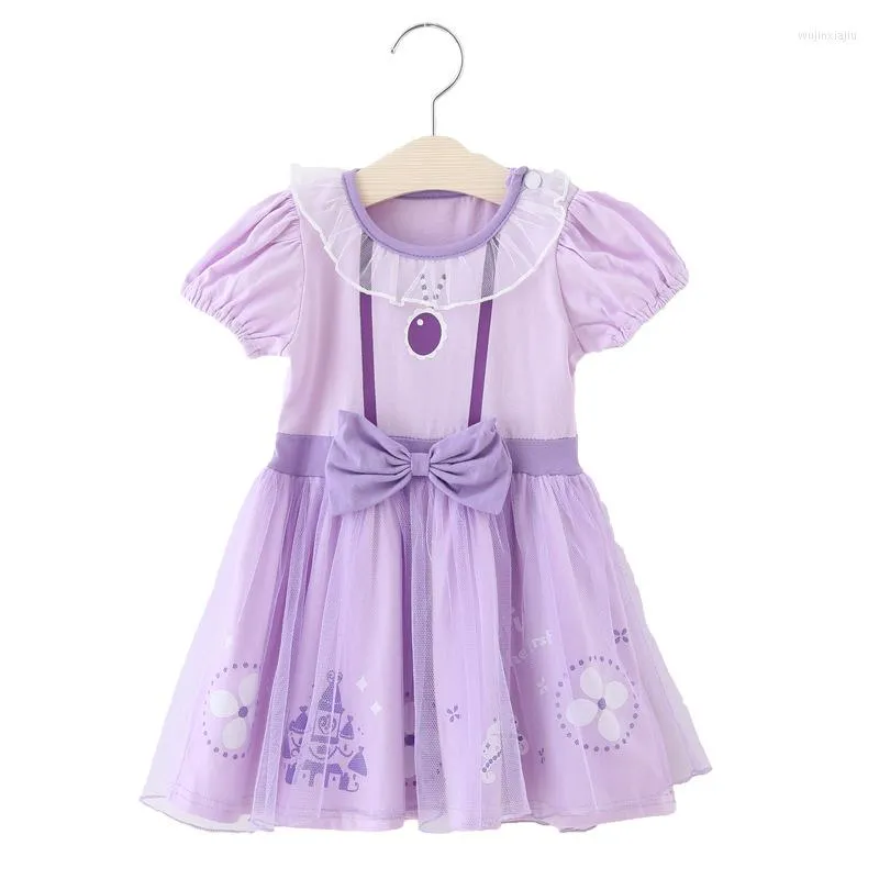 Vestidos de menina estilo infantil verão manga curta vestido de menina laço saia infantil princesa Sophia