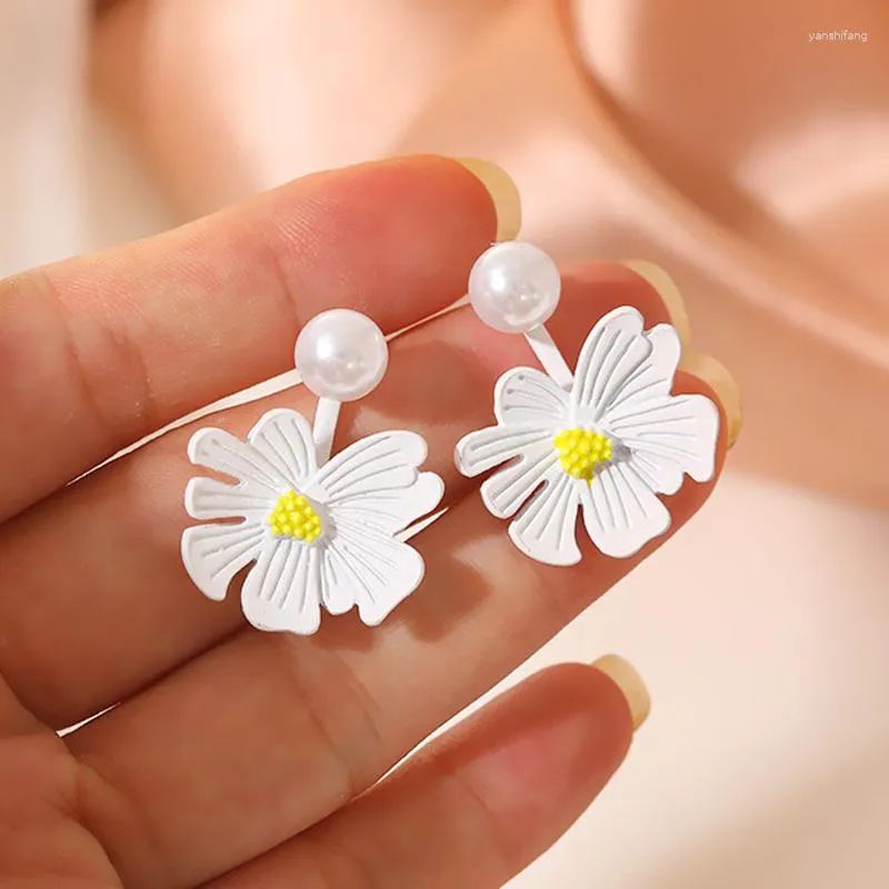 Boucles D'oreilles Pendantes De Mode Fleur Goutte Pour Les Femmes Élégante Perle Marguerite Filles Blanc Bijoux Aretes De Mujer Pendientes