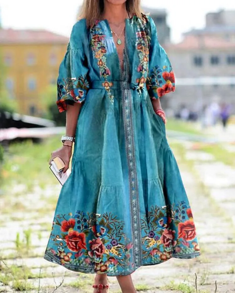 Casual Dresses Woman Dress Vintage V Neck 3/4 Puff Sleeve Floral Print Tassel Large Hem Maxi For Women Femme Robe Drop Delivery Appa Dhayr