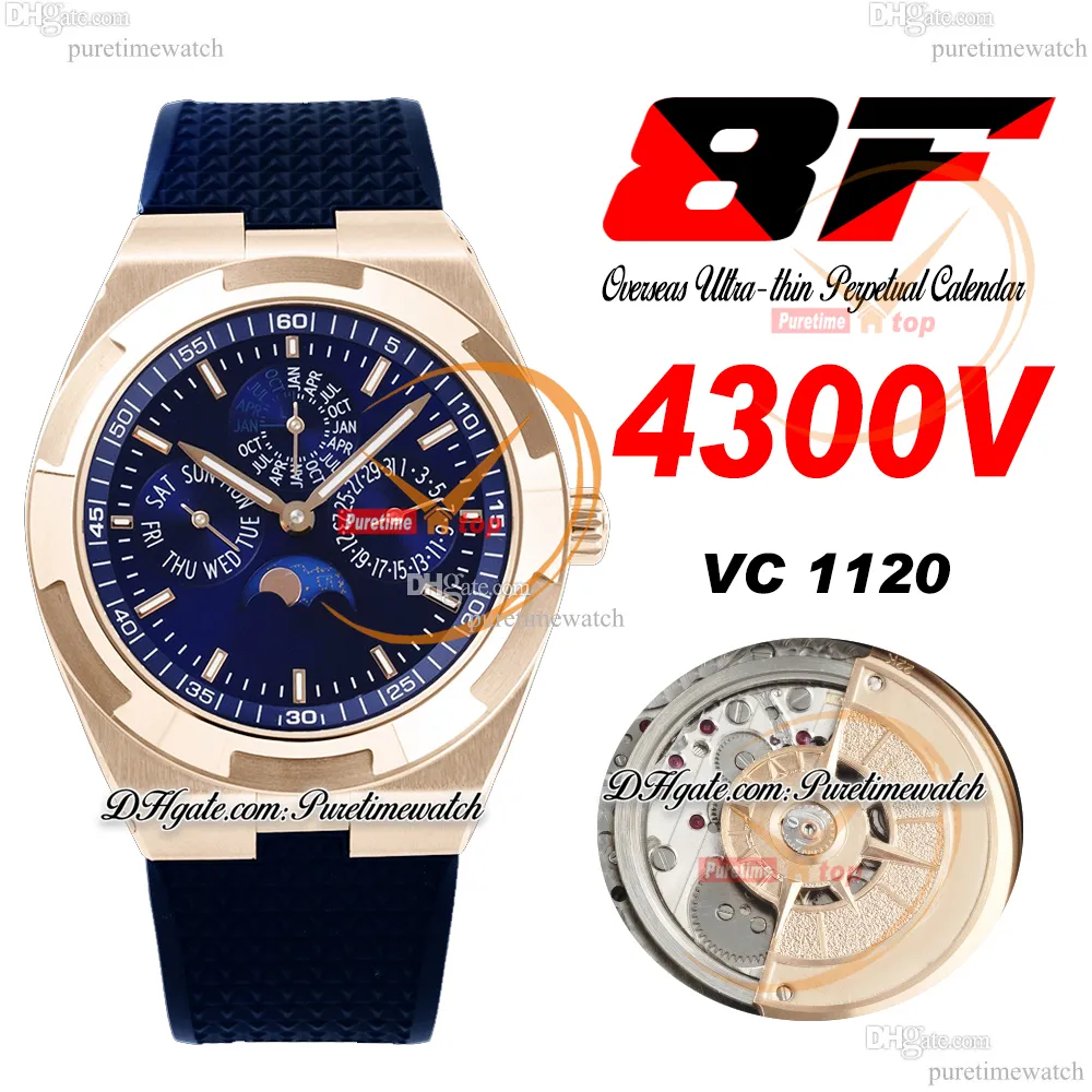 8F Overseas Perpetual Calendar Phase de Lune 4300V A1120 Automatique Montre Homme Or Rose Cadran Bleu Bracelet Caoutchouc Super Version Edition Puretime H8