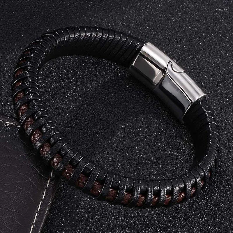 Berlockarmband Stil Svart flätat läderrep Armband för män Smycken Punk Stål Magnetlås Handgjorda manliga armband SP0402