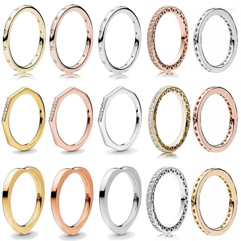 Cluster Rings Anel de Prata Esterlina 925 Rosa Gotas Brilhantes Douradas Empilháveis Amor Corações Com Cristal Para Presentes Femininos Jóias