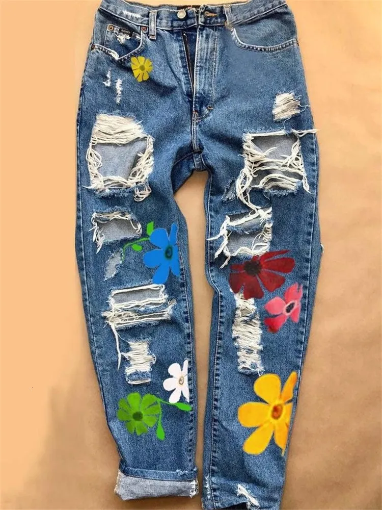 Womens Jeans Women Ripped Fashion High Waist Flower Print Trousers With Pockets Casual Style Bottoms Teen Denim Pant Clothing 230707