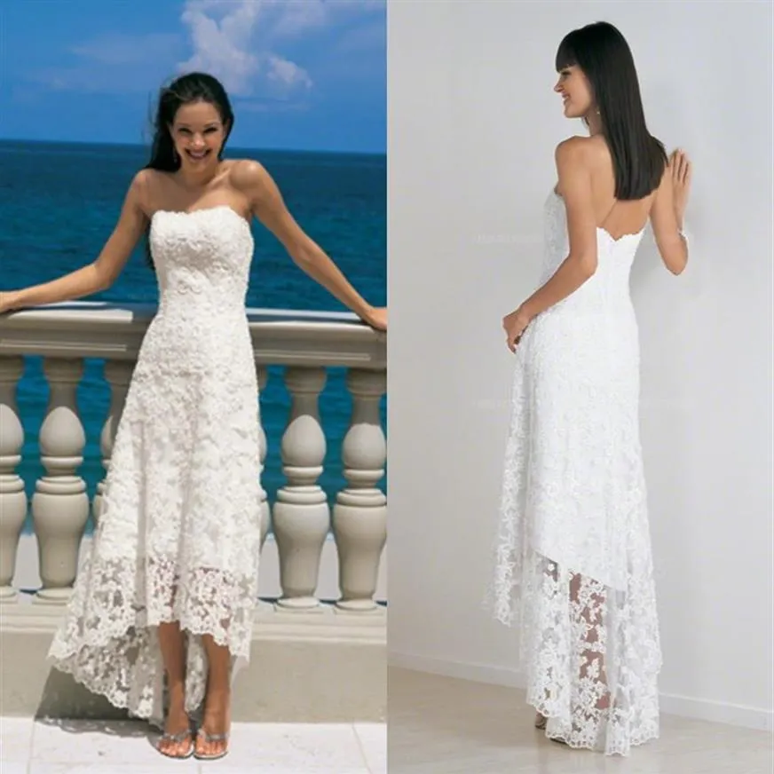 2021 koronkowa suknia ślubna na plaży płaszcza kolumna bez ramiączek wysoki niski asymetryczna suknia ślubna bez pleców zamek błyskawiczny powrót suknia ślubna w stylu vintage6296f