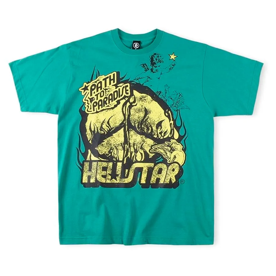 Hellstar Small Pre Owned Path T-Shirts Printed short-sleeved Green T-shirt Jungle Angel print Unisex Cotton Tops Men Vintage T-shirts Summer Loose Tee Rock SMLXL