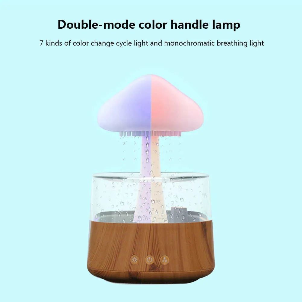 Humidifiers Mushroom Air Humidifier Home Bedroom Aromatherapy Lamp Calming Water Drops Sounds Diffuser Humidifier Rain Cloud Night Light R230707