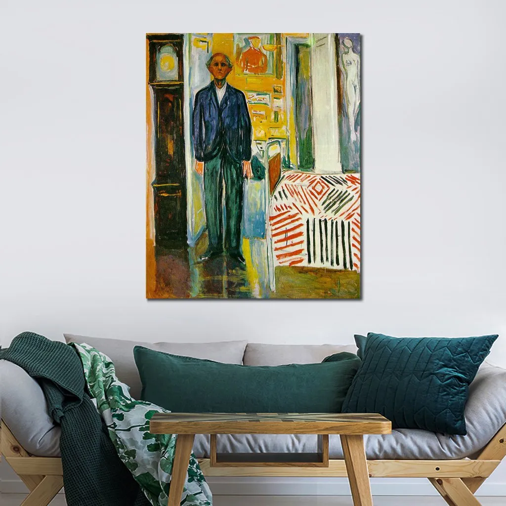 Abstrakcyjna figuratywna sztuka na płótnie autoportret między zegarem a łóżkiem Edvard Munch ręcznie malowany obraz olejny nowoczesny wystrój