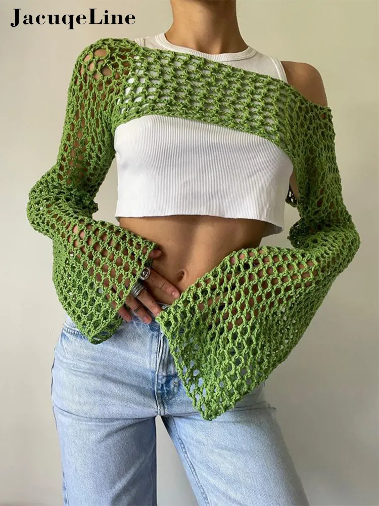 Damen T-Shirt Jacqueline Green Langarm Stricken Crop Tops Frauen Sommer Party Strand Sexy Hollow Out Smock T Shirts Fee y2k Kleidung 230707