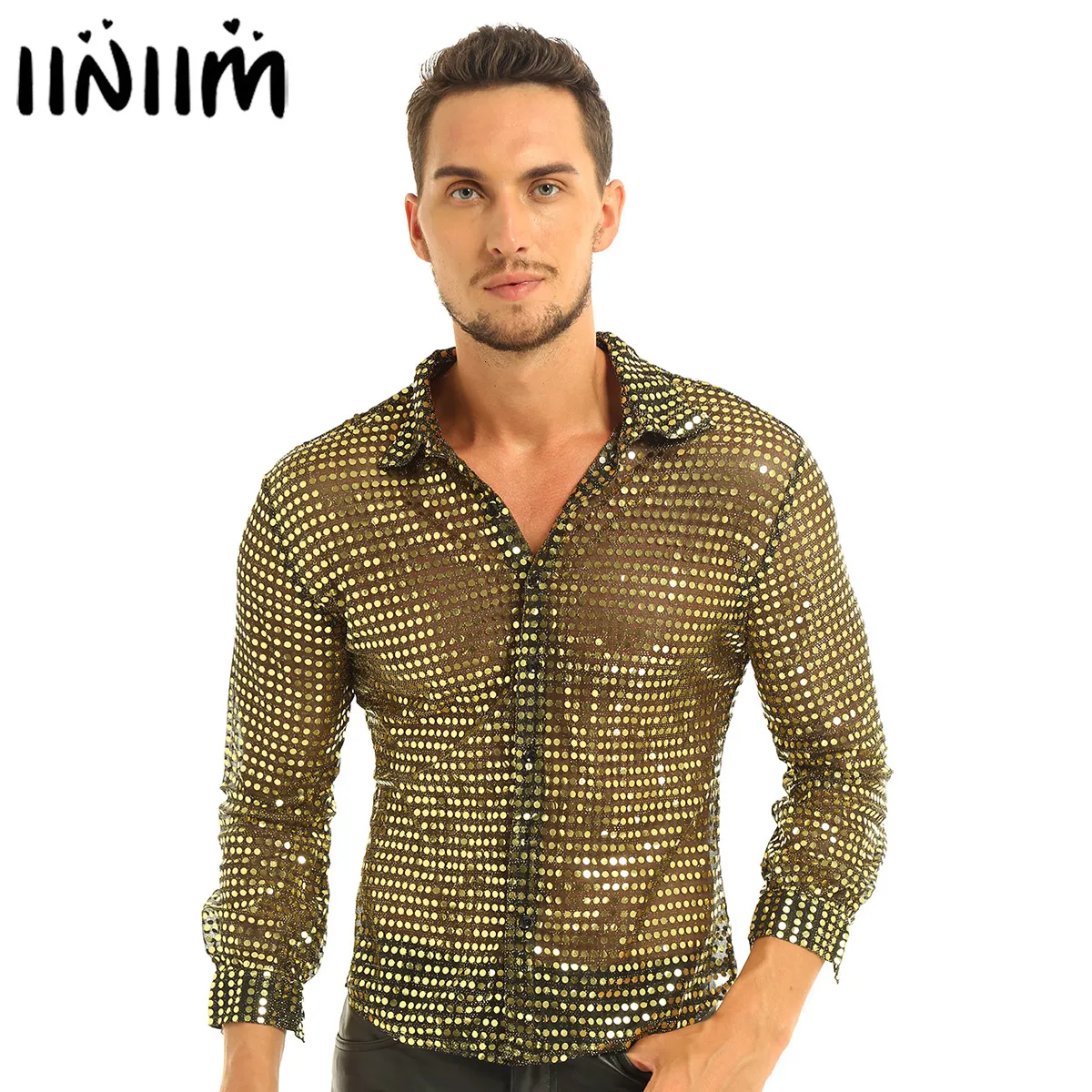 Camicie eleganti da uomo Smoking da uomo con paillettes lucide See Through Mesh Manica lunga Clubwear per Night Party Show Dancing Performance Top Shirt 230707