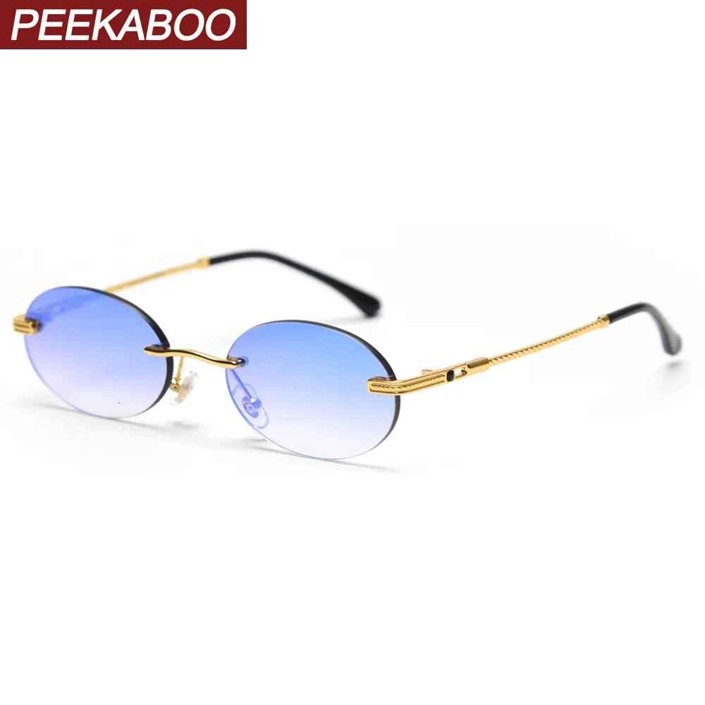 Sunglasses Peekaboo retro oval sunglasses rimless man blue mirror gold metal male glasses round frameless women high quality gift items 230707