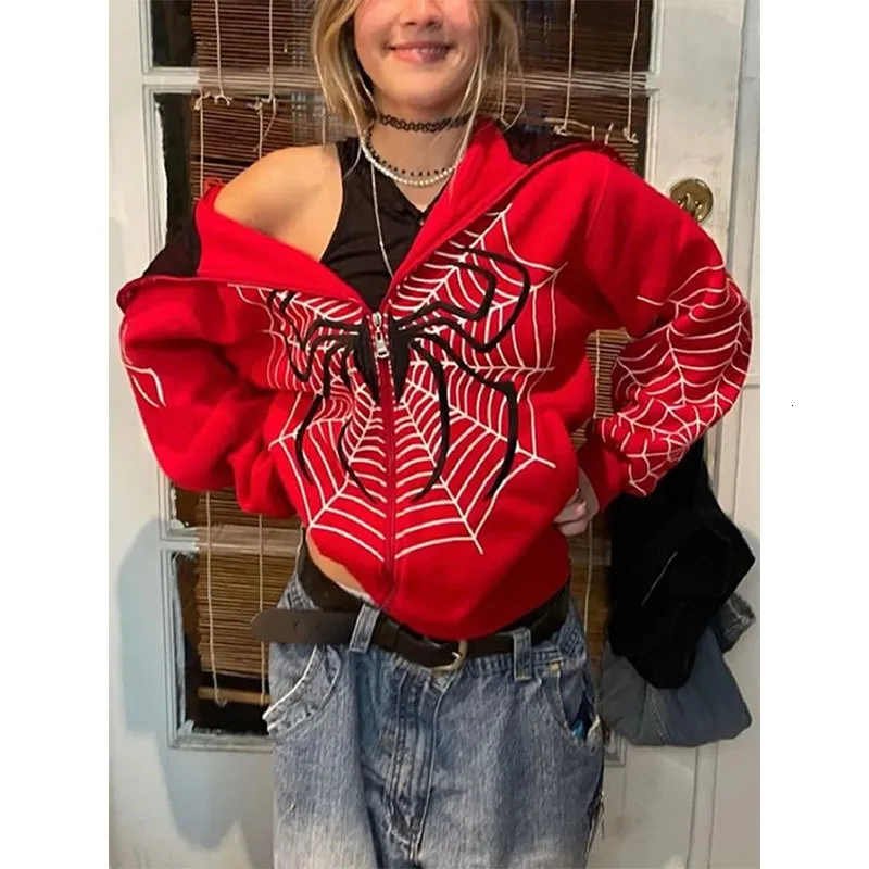 Hoodies للنساء Sweatshirts Spider Web Red كبير الحجم هوديز Zipper Punk Grunge Harajuku y2k الملابس للسيدات الهيب هوب قميص هوديي الطويل الأكمام معطف 230707