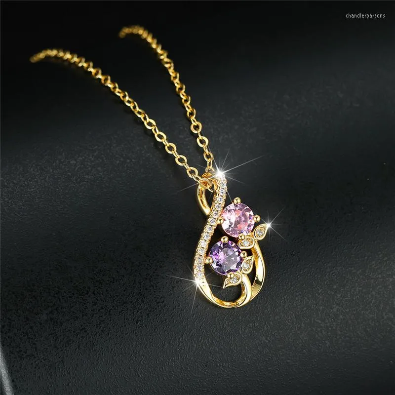 Pendant Necklaces Luxury Female Pink Purple Zircon Necklace Charm Gold Color Wedding For Women Cute Crystal Flower Chain