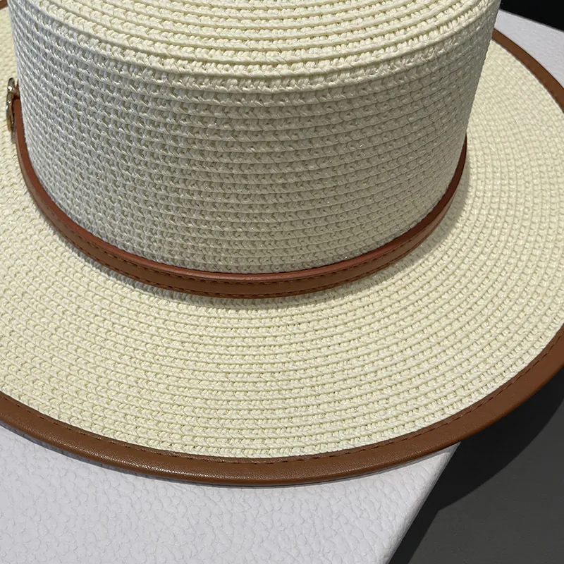 Fashion Belt Decorative British Flat-top Straw Hat Women`s Summer Outdoor Beach Sun Protection Wide Brim Hats Female